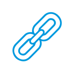 Blue chain link icon on black background symbolizing connection or link.
