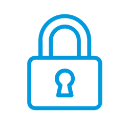 Blue outline of a padlock with a keyhole on a black background representing security or privacy.