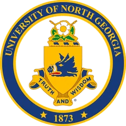 University of North Georgia seal with boar emblem, motto truth and wisdom, established 1873 in blue and gold.