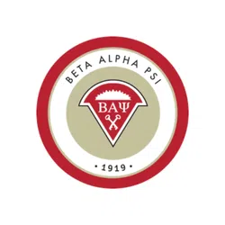 Beta Alpha Psi circular logo with red and beige colors featuring crossed keys and the year 1919.