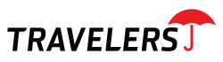 Travelers logo with black text and a red umbrella icon above the letter J.