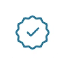 Blue checkmark inside a scalloped badge icon on white background representing verified or certified status