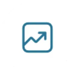 Blue upward trending arrow graph icon inside rounded square on white circular background