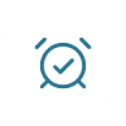 Blue alarm clock icon with checkmark inside on white circular background representing timely completion