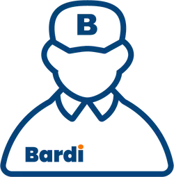 Line art illustration of a worker wearing a cap with the letter B and a shirt featuring the Bardi logo.