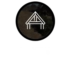 White roofing structure icon above the word roofing on a black background