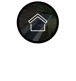 Close-up of a roof gutter system collecting water next to asphalt shingles under a house icon.