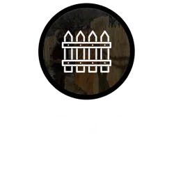 Wooden fence icon with a person installing a wooden fence in the background, text reading FENCING below.