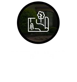 White landscaping design icon with tree and pathway over black background and text landscaping