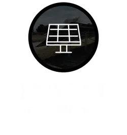Icon of a solar panel over a blurred solar panel background with text offering cleaning and repair services