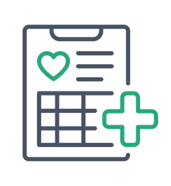 Medical report icon with heart symbol and a green cross representing health and care services