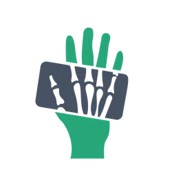 Green hand holding an X-ray image of fingers showing bones and joints in black and gray.