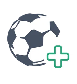 Soccer ball with a green medical cross symbol inside a white circle representing sports healthcare or injury care.