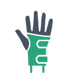 Illustration of a medical glove worn on a hand with green wrist support and fingerless design