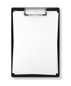 Black clipboard holding several blank white sheets of paper on a white background.