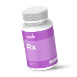 White prescription pill bottle with purple label from Ascend Medical labeled Rx, 10 mg dosage, prescription only.