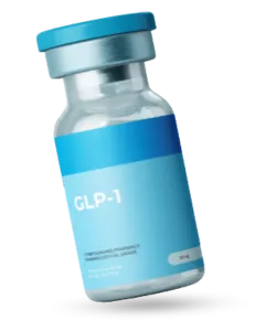 Clear vial labeled GLP-1 with blue cap and blue label for pharmaceutical compounding use.