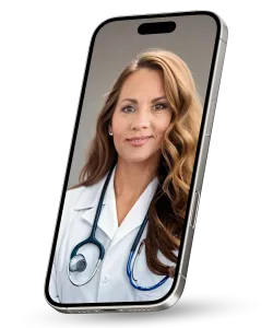 Female doctor with stethoscope appearing on smartphone screen, symbolizing telemedicine or virtual healthcare.