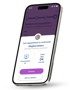Smartphone screen showing a confirmed virtual medical appointment with physician assistant Meghan Deters on Oct 4 at 1 PM.