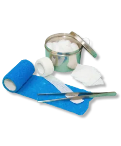 Medical supplies including blue bandage, white tape, cotton balls in metal container, gauze pads, and tweezers