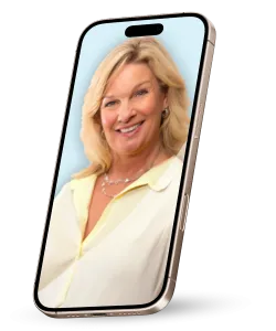 Smiling blonde woman wearing a light yellow blouse displayed on a smartphone screen against a light background