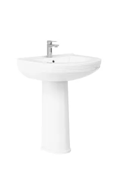 a white sink with a faucet