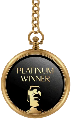 Gold medal with chain labeled Platinum Winner featuring a stylized golden Moai statue on black background.
