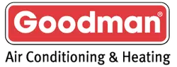 Goodman logo featuring air conditioning and heating services, with a bold red and white design.