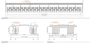 Architectural blueprint showing front, side, and cross-section views with dimensions and structural details.