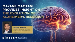 Mayank Mamtani discusses the evolution of Alzheimer's research with a glowing brain illustration.