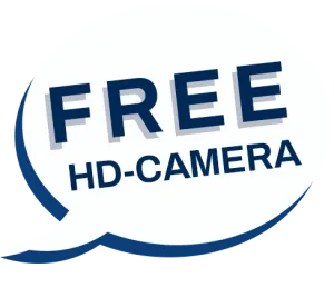 Speech bubble graphic with text offering a free HD camera promotion in bold blue font.