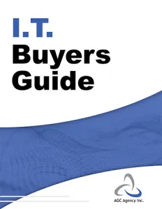 Cover page of an I.T. Buyers Guide with blue geometric design and AGC Agency Inc. logo.
