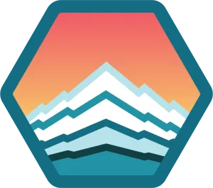 Stylized hexagon logo featuring layered mountains and a gradient sunset background.