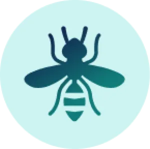 Minimalist bee icon in gradient colors on a light blue background.