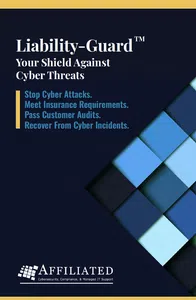 Liability-Guard cyber threat protection with benefits and Affiliated company logo on dark background