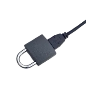 Black padlock with a USB cable plugged into it symbolizing digital security and data protection.