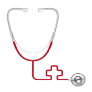 Red and silver stethoscope with tubing shaped like a medical cross on transparent background