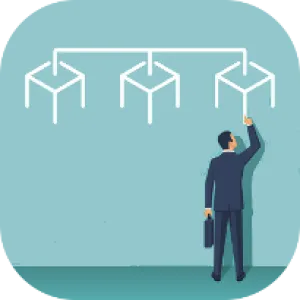 Businessman in suit holding briefcase points to a white organizational flowchart on blue wall.