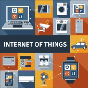 Illustration of Internet of Things connecting devices like laptop, phone, smartwatch, appliances, car, and camera wirelessly.