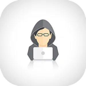 Illustration of a person wearing a dark hoodie and glasses working on a laptop with a light background.