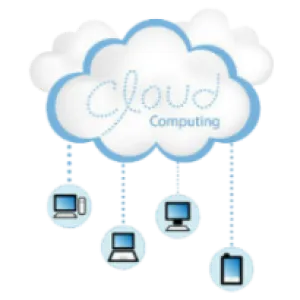 Cloud computing concept with connected desktop, laptop, monitor, and smartphone icons under a cloud graphic.