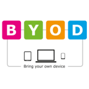 BYOD acronym with colored blocks and icons of smartphone, laptop, and USB drive below representing Bring Your Own Device.