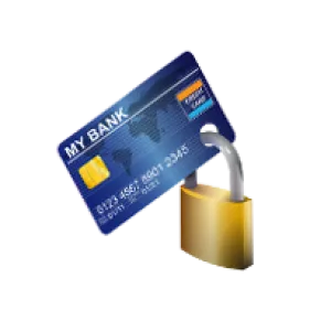 Blue credit card with chip secured by golden padlock symbolizing financial security and fraud protection.