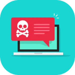 Laptop screen with red warning message showing white skull and crossbones symbol of malware threat.