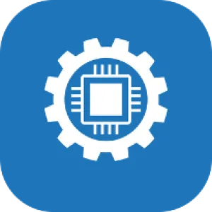 White microchip inside a gear icon on blue rounded square background representing technology and engineering.