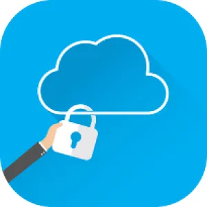 Hand holding a padlock securing a cloud icon symbolizing cloud data security and protection on blue background