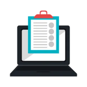 Laptop computer with a clipboard featuring a checklist symbolizing digital task management or online form.