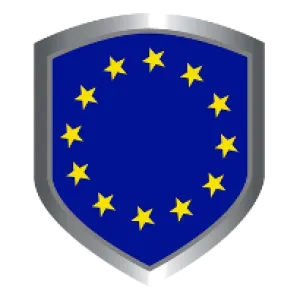 Shield emblem with blue background and twelve yellow stars arranged in a circle with a silver border