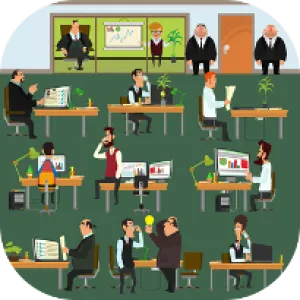 Cartoon office scene with employees working at desks, discussing ideas, presenting charts, and using computers.