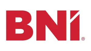 Red BNI logo with bold letters on a white background representing business networking international.